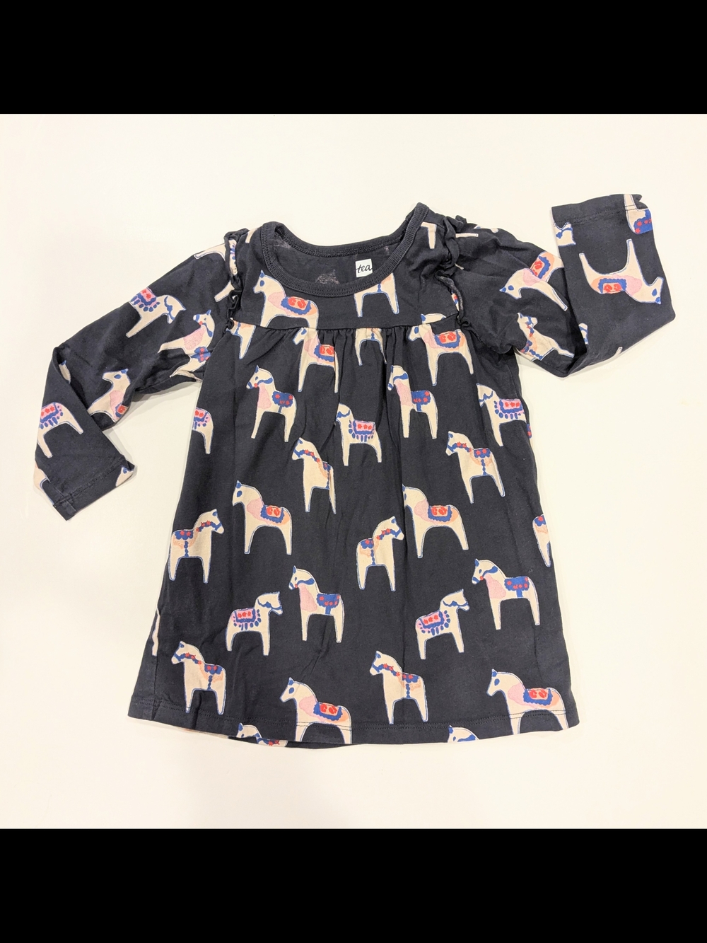 Tea Collection Navy Dress with Swedish Horse Print 2T